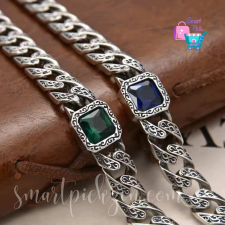 Sterling Silver Square Zirconia Vintage Cuban Bracelet (Stone Colour: Blue/Green/Black)