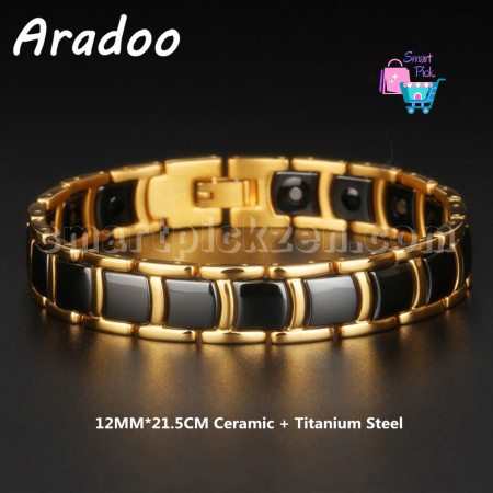 20LY Men Women Gold Tungsten Black Ceramic Magnetic Link Bracelet (B0019)