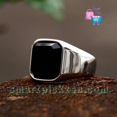 Black Agate Stone Men's Titanium Steel Ring (SPR0021) [Size 8-12]