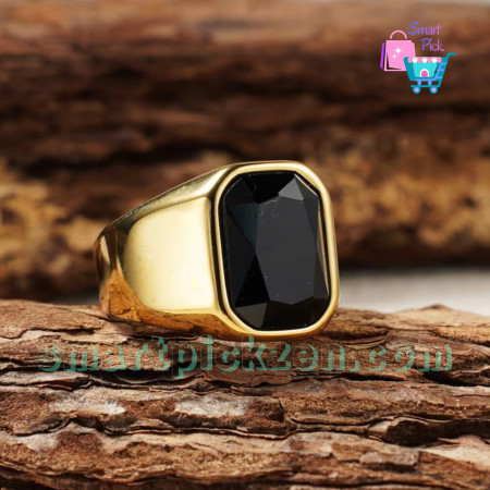 Black Agate Stone Men's Titanium Steel Golden Ring (SPR0022) [Size 8-12]