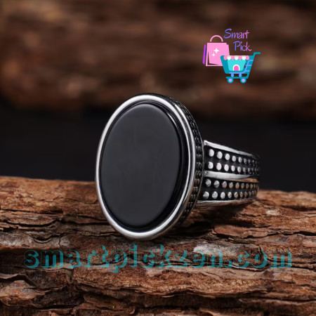 Turkish Black Aqeeq Stainless Steel Ring (SPR0023) [SIZE 10]