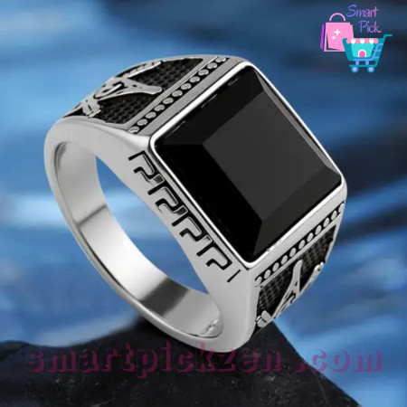 KingRing SS Steel  Ring featuring an inlaid black onyx stone and Masonic designs (SPR0024) [8-12]