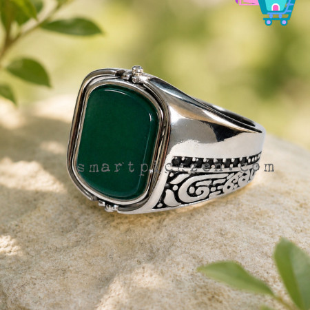 Turkish Dual Elegance 925 Sterling Silver Coated Ring With Green Aqeeq  Ring (SPR0052)