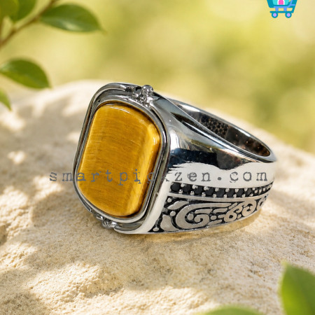 Turkish Dual Elegance 925 Sterling Silver Coated Tiger Eye Stone Ring (SPR0049)