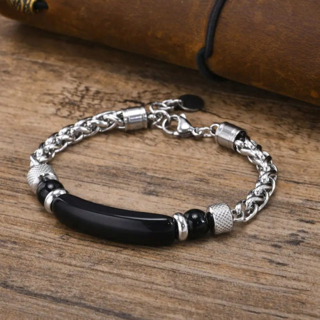 Premium Black Agate Stylish SS Steel Bracelet (B00055)