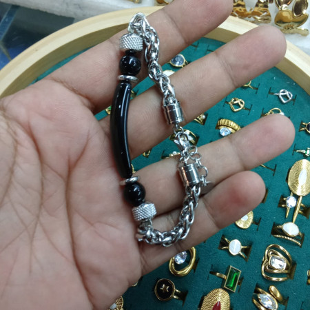 Premium Black Agate Stylish SS Steel Bracelet (B00055)