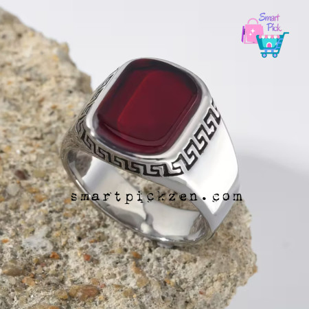 Silver Colour with Red Agate Stone Greek Key Pattern Elegant Model Men's Ring ( SPR0055)